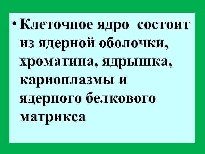  • Клеточное ядро состоит  из ядерной оболочки,  хроматина, ядрышка,  кариоплазмы
