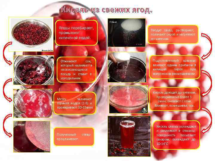  Кисель из свежих ягод.  Ягоды перебирают,     Вводят сахар,