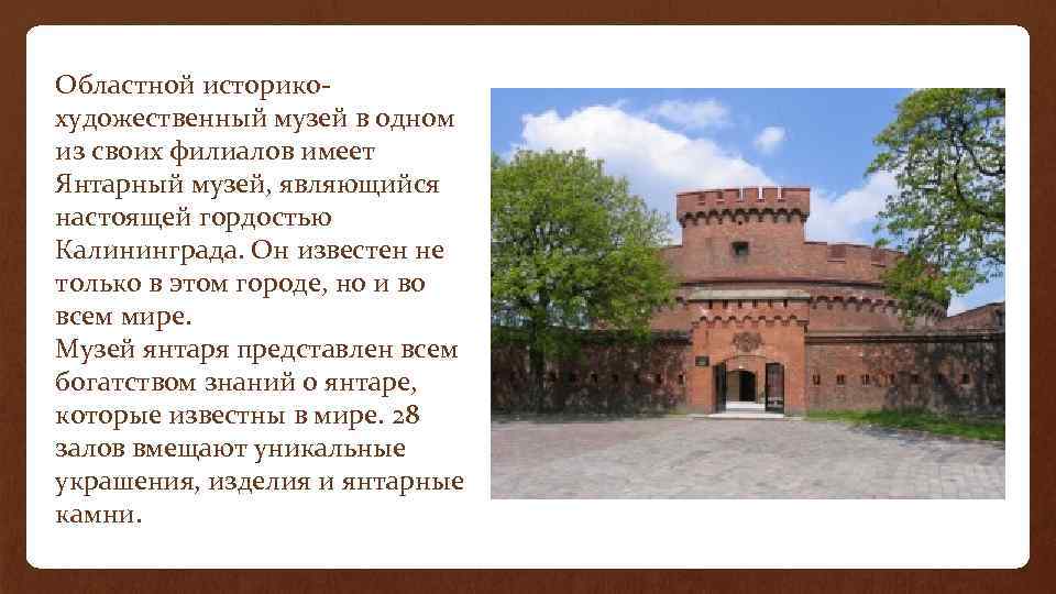 Областной историко- художественный музей в одном из своих филиалов имеет Янтарный музей, являющийся настоящей