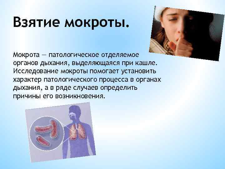Взятие мокроты.  Мокрота — патологическое отделяемое органов дыхания, выделяющаяся при кашле. Исследование мокроты