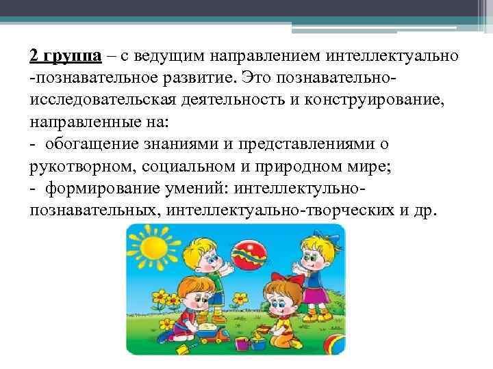 2 группа – с ведущим направлением интеллектуально познавательное развитие. Это познавательно исследовательская деятельность и
