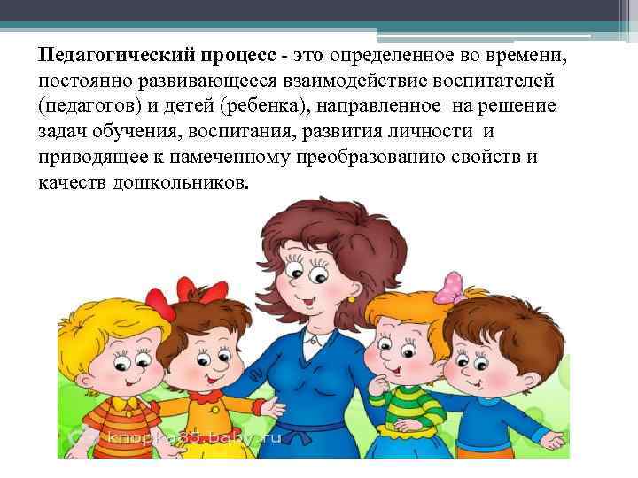 Педагогический процесс - это определенное во времени, постоянно развивающееся взаимодействие воспитателей (педагогов) и детей