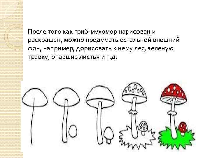 После того как гриб-мухомор нарисован и раскрашен, можно продумать остальной внешний фон, например, дорисовать