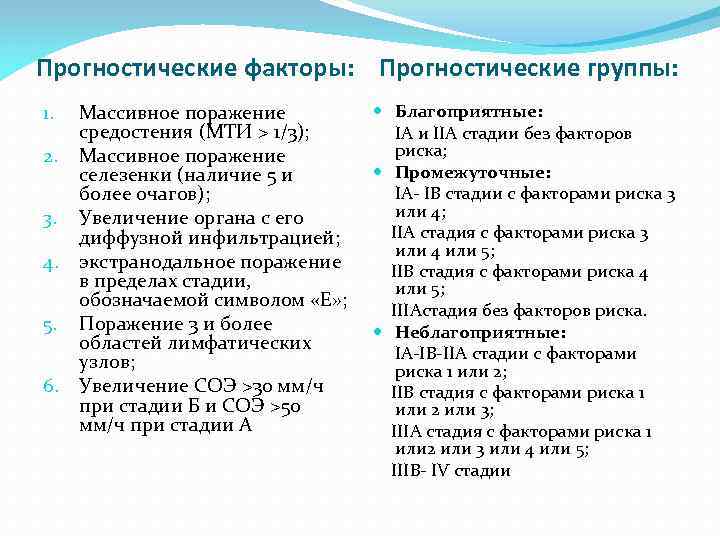 Прогностические факторы: Прогностические группы: 1.  Массивное поражение  Благоприятные:  средостения (МТИ >