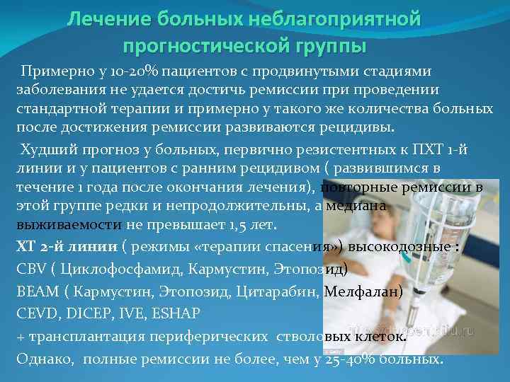  Лечение больных неблагоприятной  прогностической группы Примерно у 10 -20% пациентов с продвинутыми