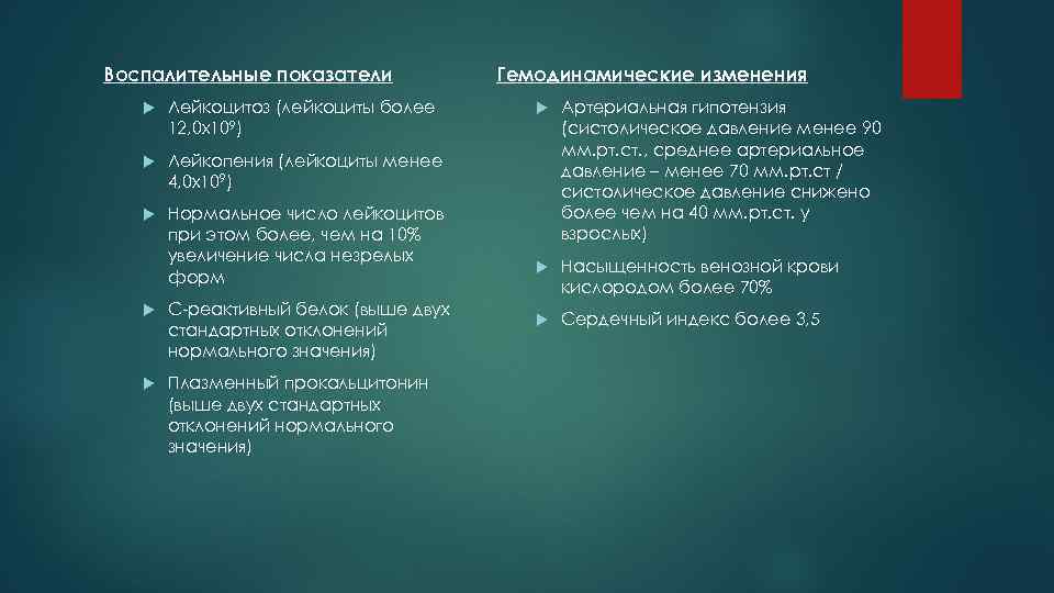 Воспалительные показатели   Гемодинамические изменения  Лейкоцитоз (лейкоциты более  Артериальная гипотензия 