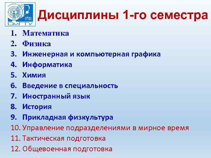  Дисциплины 1 -го семестра 1. Математика 2. Физика 3. Инженерная и компьютерная графика