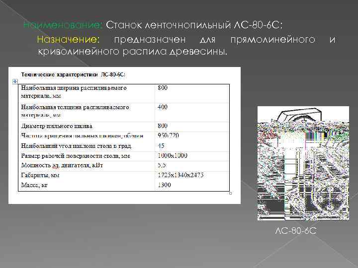 Наименование: Станок ленточнопильный ЛС-80 -6 С;  Назначение: предназначен для прямолинейного и  криволинейного