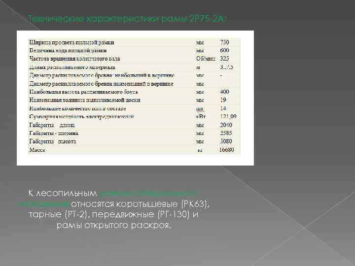  Технические характеристики рамы 2 Р 75 -2 А:  К лесопильным рамам специального