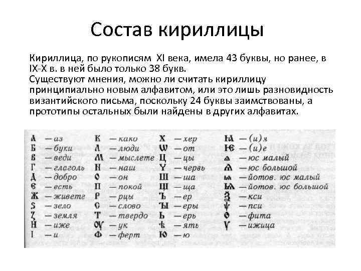 Состав кириллицы Кириллица, по рукописям XI века, имела 43 буквы, но ранее, в IX-X