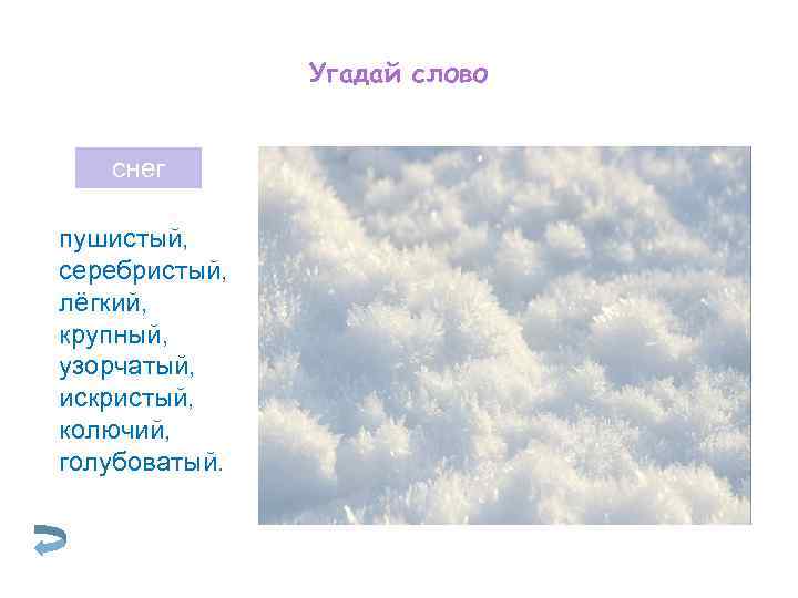 Угадай слово снег пушистый, серебристый, лёгкий, крупный, узорчатый, искристый, колючий, голубоватый. 