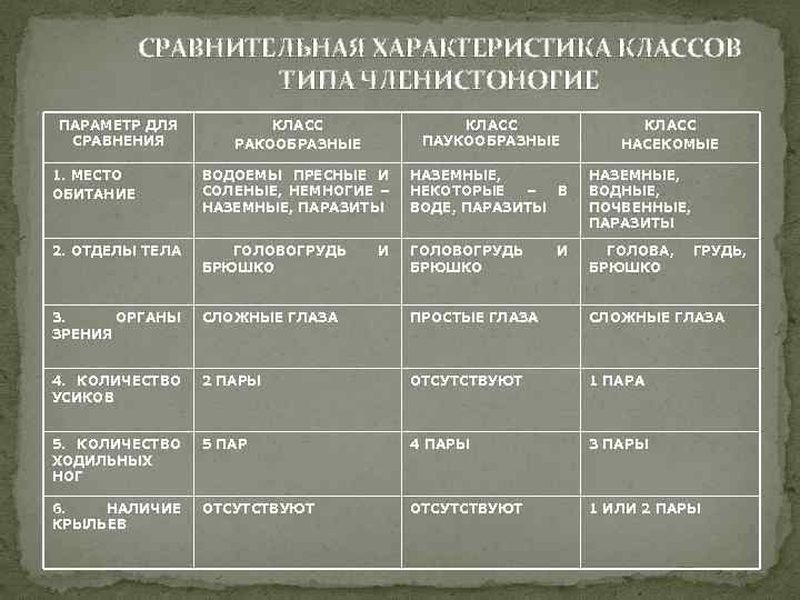 СРАВНИТЕЛЬНАЯ ХАРАКТЕРИСТИКА КЛАССОВ ТИПА ЧЛЕНИСТОНОГИЕ ПАРАМЕТР ДЛЯ СРАВНЕНИЯ КЛАСС РАКООБРАЗНЫЕ КЛАСС ПАУКООБРАЗНЫЕ 1. МЕСТО