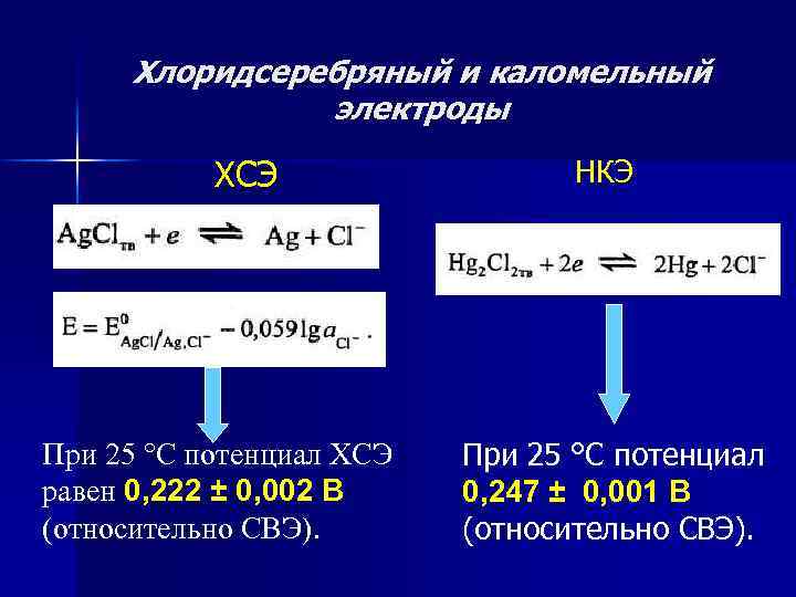Хлоридсеребряный и каломельный электроды ХСЭ При 25 °С потенциал ХСЭ равен 0, 222 ±