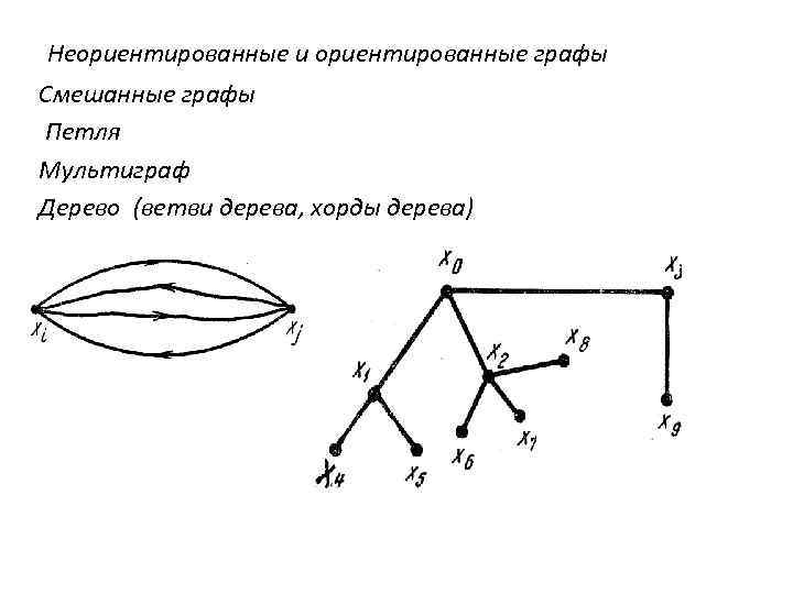  Неориентированные и ориентированные графы Смешанные графы Петля Мультиграф Дерево (ветви дерева, хорды дерева)