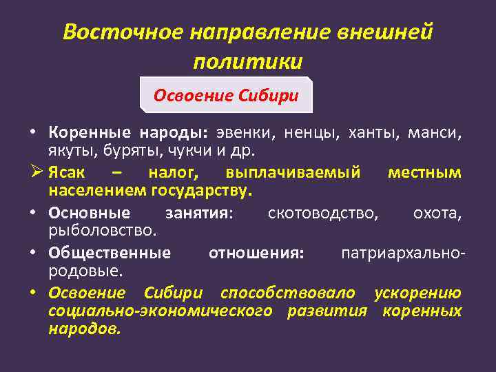 Восточное направление внешней политики Освоение Сибири • Коренные народы: эвенки, ненцы, ханты, манси, якуты,