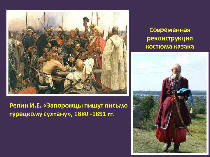 Современная реконструкция костюма казака Репин И. Е. «Запорожцы пишут письмо турецкому султану» , 1880