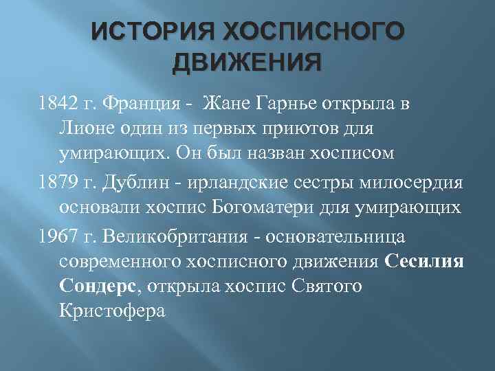 ИСТОРИЯ ХОСПИСНОГО ДВИЖЕНИЯ 1842 г. Франция - Жане Гарнье открыла в Лионе один из