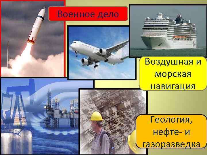 Военное дело Воздушная и морская навигация Геология, нефте- и газоразведка 
