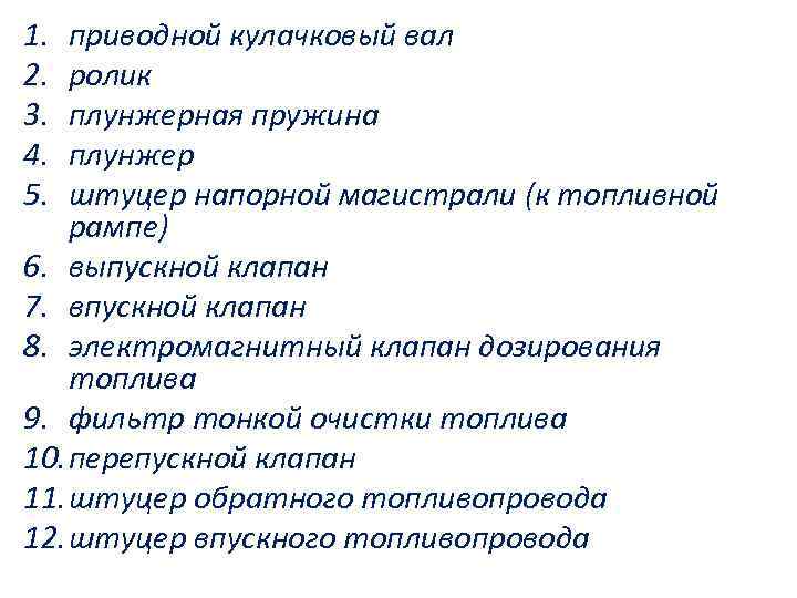 1. 2. 3. 4. 5. приводной кулачковый вал ролик плунжерная пружина плунжер штуцер напорной