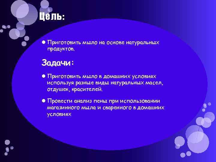 Цель: Приготовить мыло на основе натуральных продуктов. Задачи: Приготовить мыло в домашних условиях используя