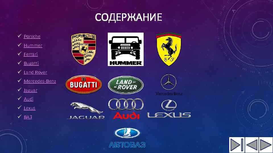 СОДЕРЖАНИЕ ü Porsche ü Hummer ü Ferrari ü Bugatti ü Land Rover ü Mercedes-Benz
