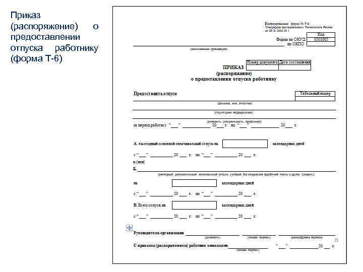 Приказ (распоряжение) о предоставлении отпуска работнику (форма Т-6) 