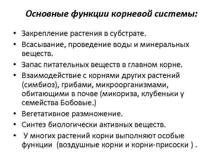 Основные функции корневой системы: • Закрепление растения в субстрате. • Всасывание, проведение воды и