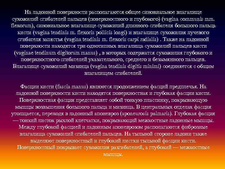 На ладонной поверхности располагаются общее синовиальное влагалище сухожилий сгибателей пальцев (поверхностного и глубокого) (vagina