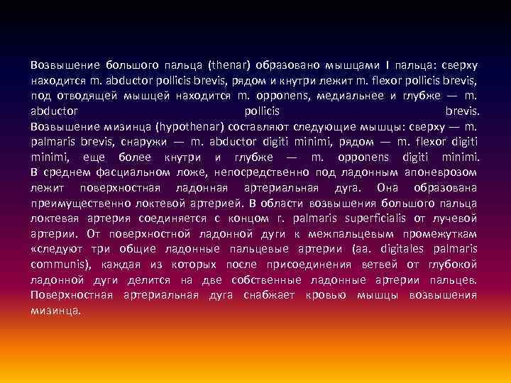 Возвышение большого пальца (thenar) образовано мышцами I пальца: сверху находится m. abductor pollicis brevis,