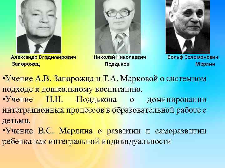 Александр Владимирович Запорожец Николай Николаевич Поддьков Вольф Соломонович Мерлин • Учение А. В. Запорожца