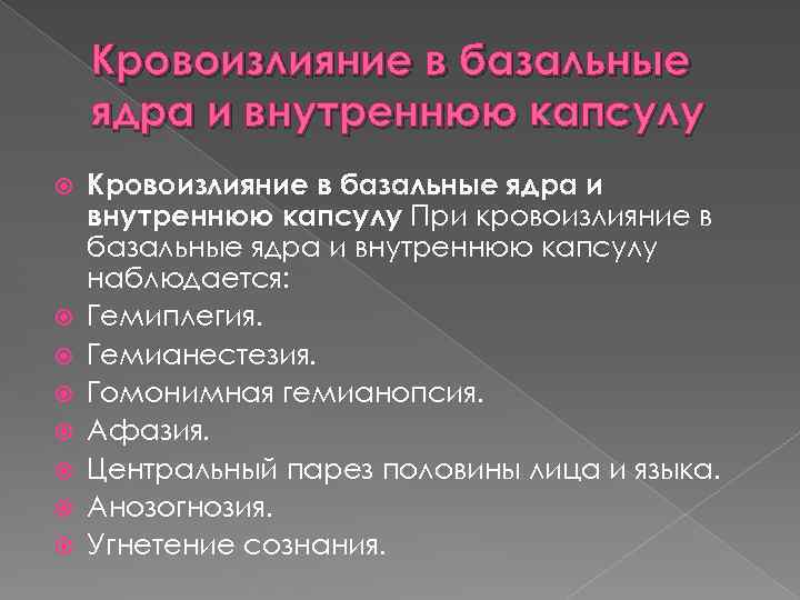 Кровоизлияние в базальные ядра и внутреннюю капсулу Кровоизлияние в базальные ядра и внутреннюю капсулу