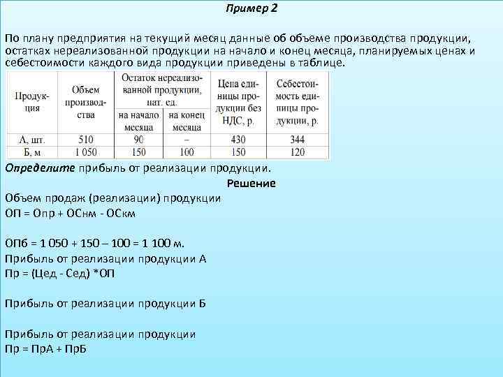 Пример 2 По плану предприятия на текущий месяц данные об объеме производства продукции, остатках