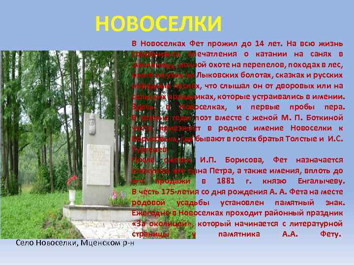 НОВОСЕЛКИ В Новоселках Фет прожил до 14 лет. На всю жизнь сохранились впечатления о