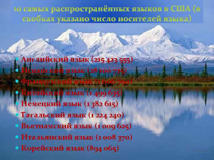 10 самых распространённых языков в США (в скобках указано число носителей языка) Английский язык