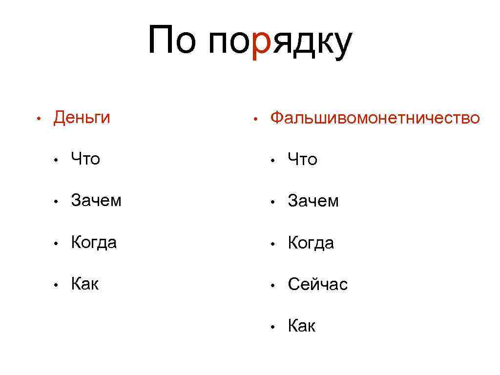 По порядку • Деньги • Фальшивомонетничество • Что • Зачем • Когда • Как