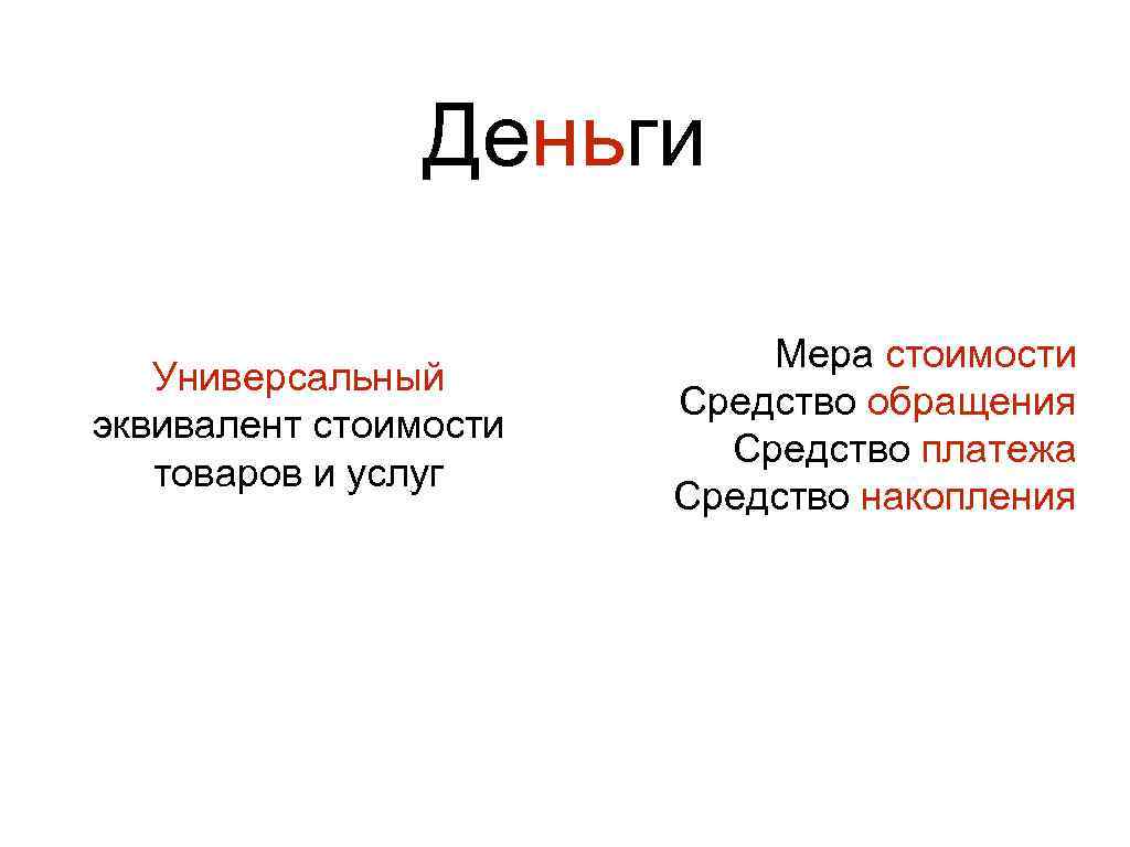 Деньги Универсальный эквивалент стоимости товаров и услуг Мера стоимости Средство обращения Средство платежа Средство