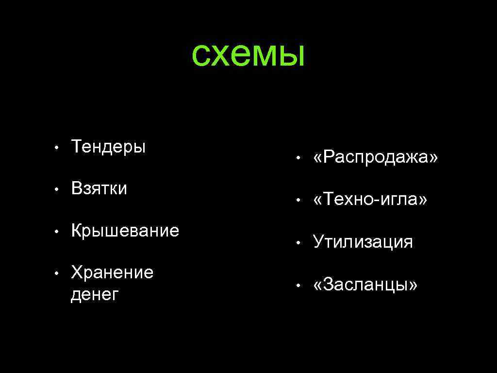 схемы • Тендеры • Взятки • Крышевание • Хранение денег • «Распродажа» • «Техно-игла»