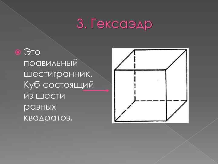 3. Гексаэдр Это правильный шестигранник. Куб состоящий из шести равных квадратов. 