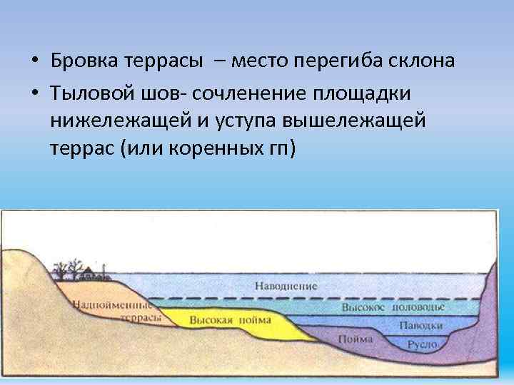  • Бровка террасы – место перегиба склона • Тыловой шов- сочленение площадки нижележащей