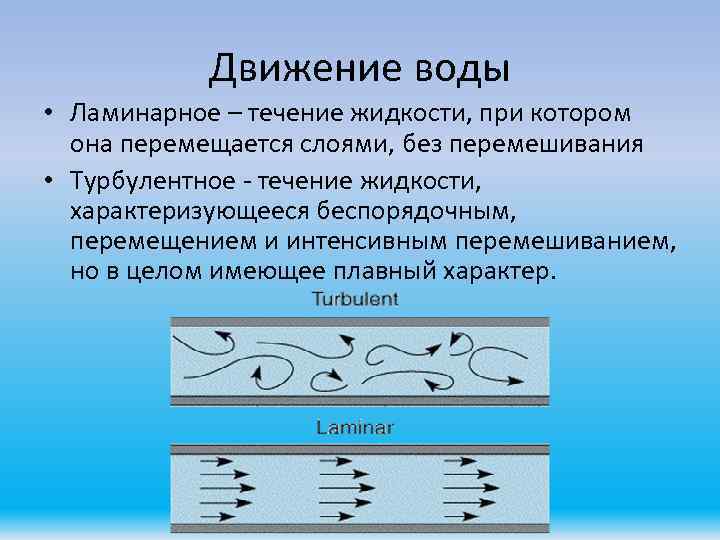 Движение воды • Ламинарное – течение жидкости, при котором она перемещается слоями, без перемешивания