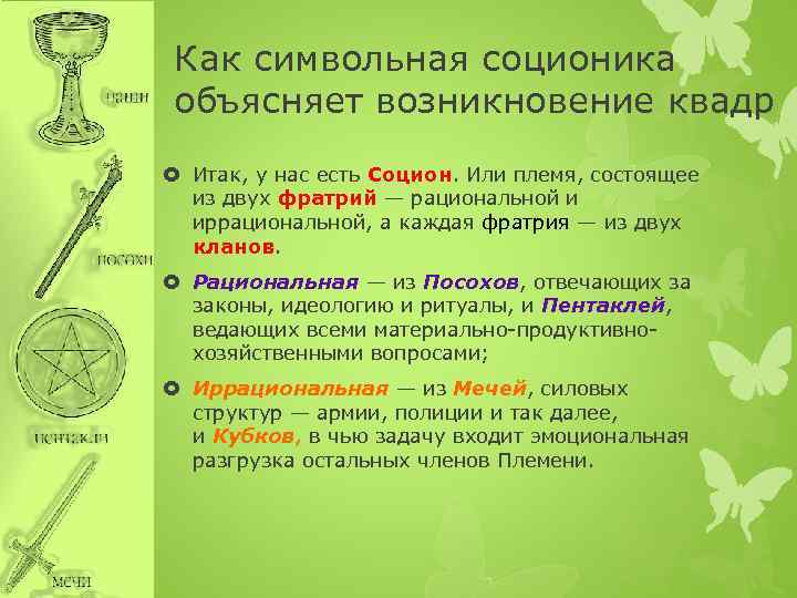 Как символьная соционика объясняет возникновение квадр Итак, у нас есть Социон. Или племя, состоящее