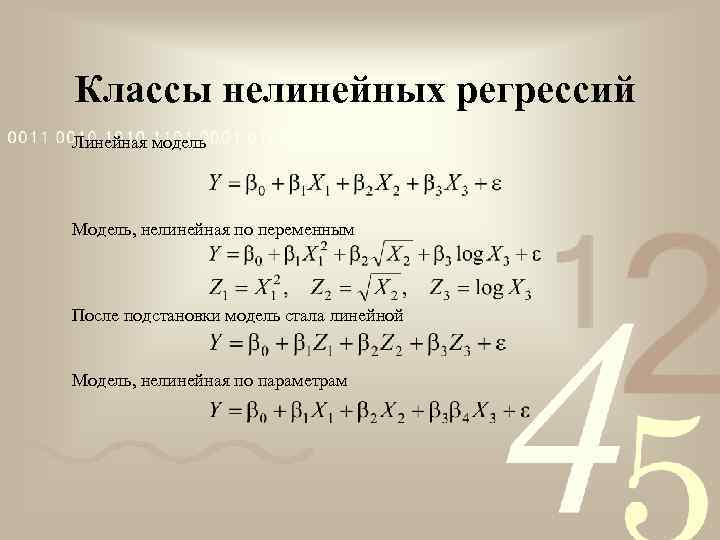 Классы нелинейных регрессий Линейная модель Модель, нелинейная по переменным После подстановки модель стала линейной