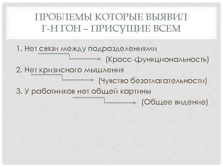 ПРОБЛЕМЫ КОТОРЫЕ ВЫЯВИЛ Г-Н ГОН – ПРИСУЩИЕ ВСЕМ 1. Нет связи между подразделениями (Кросс-функциональность)