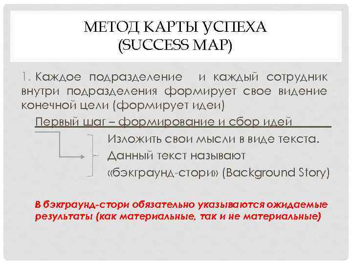 МЕТОД КАРТЫ УСПЕХА (SUCCESS MAP) 1. Каждое подразделение и каждый сотрудник внутри подразделения формирует