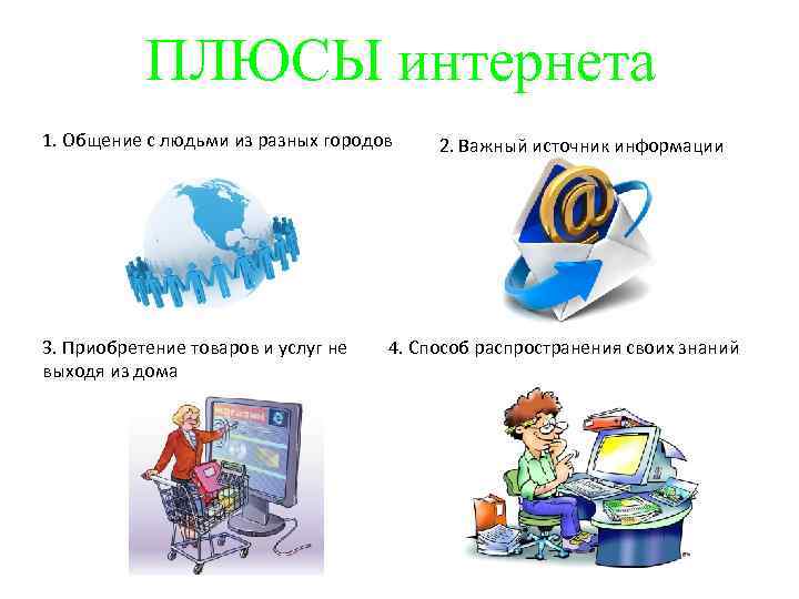 ПЛЮСЫ интернета 1. Общение с людьми из разных городов 3. Приобретение товаров и услуг