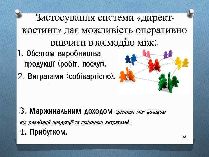 Застосування системи «директкостинг» дає можливість оперативно вивчати взаємодію між: : 1. Обсягом виробництва продукції