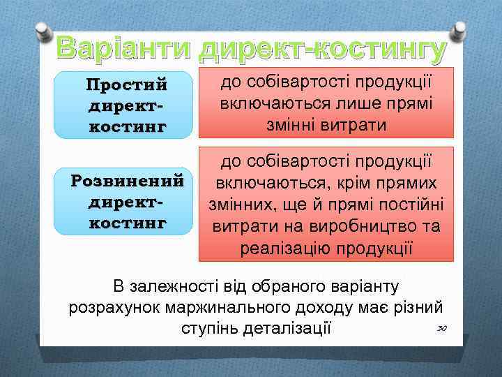 Варіанти директ-костингу Простий директкостинг до собівартості продукції включаються лише прямі змінні витрати Розвинений директкостинг
