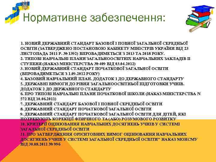 Нормативне забезпечення: 1. НОВИЙ ДЕРЖАВНИЙ СТАНДАРТ БАЗОВОЇ І ПОВНОЇ ЗАГАЛЬНОЇ СЕРЕДНЬОЇ ОСВІТИ (ЗАТВЕРДЖЕНО ПОСТАНОВОЮ
