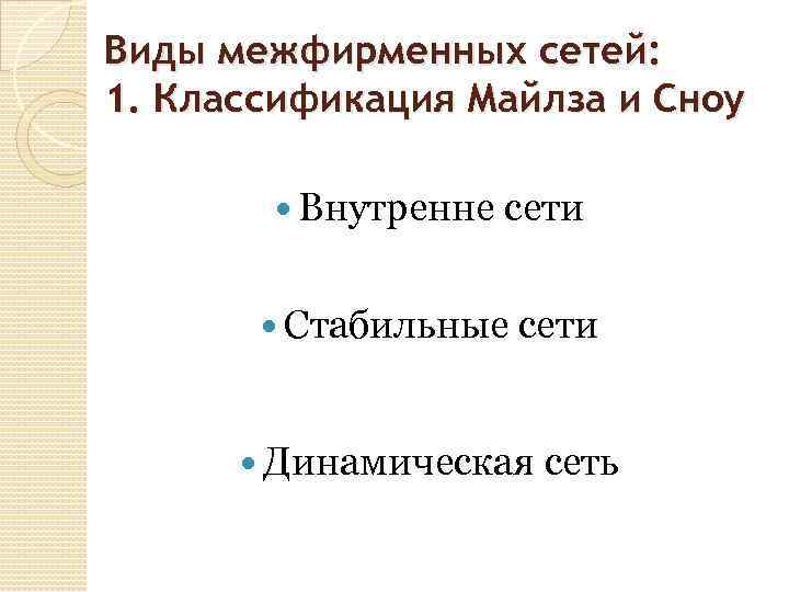 Виды межфирменных сетей: 1. Классификация Майлза и Сноу Внутренне сети Стабильные сети Динамическая сеть