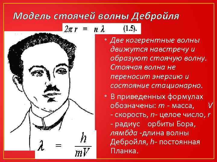 Модель стоячей волны Дебройля • Две когерентные волны движутся навстречу и образуют стоячую волну.